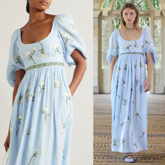 Agua by Agua Bendita Viviane Soledad Embroidered‎ Blue Linen Floral Maxi Dress S - Picture 4 of 16